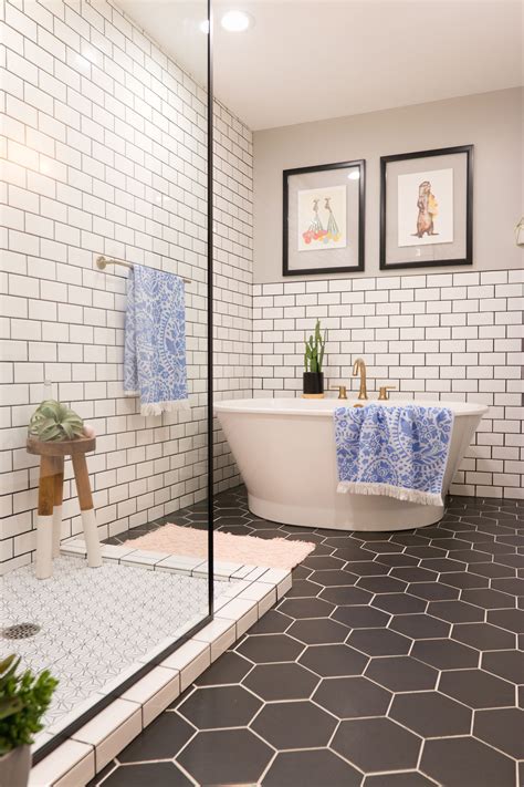 By kate riley • september 6, 2016. midcentury bathroom; black hexagon tile; subway tile bath ...