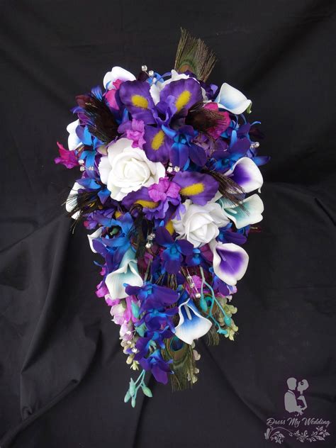 Small bridesmaids bouquets with lavender purple hydrangeas blue violet ca orchids and purple spray roses light blue satin handles each. Dress My Wedding - Cascading bouquet, Purple, blue, calla ...