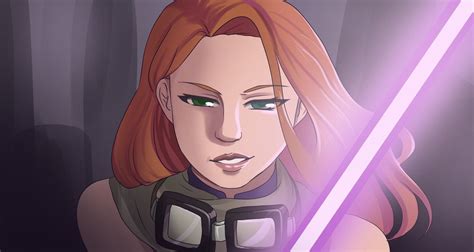 A Woman With Red Hair And Green Eyes Holding A Light Saber In Front Of