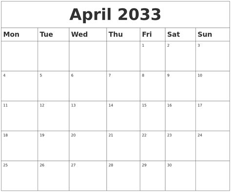 April 2033 Blank Calendar