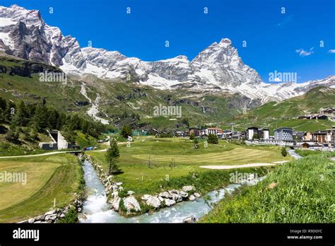 Summer Panorama Of Breuil Cervinia An Alpine Resort Town At The Foot Of