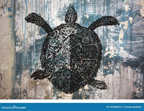 Vintage Sea Turtle Drawing On Grunge Blue Background Stock Illustration