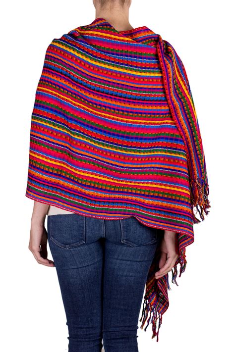 Guatemalan Hand Woven Cotton Shawl In Primary Colors Valley Of