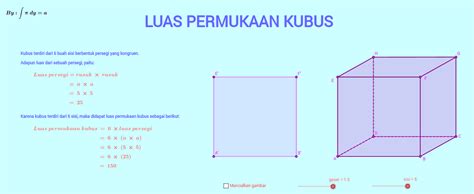 Sebenarnya rumus dari luas permukaan ini tidak perlu kalian hafal, kalian bisa mengingatnya selama kalian memahami konsep dari kubus. Luas Permukaan Kubus - GeoGebra