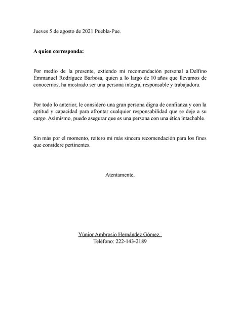 Carta De Recomendacion Jueves 5 De Agosto De 2021 Puebla Pue A Quien