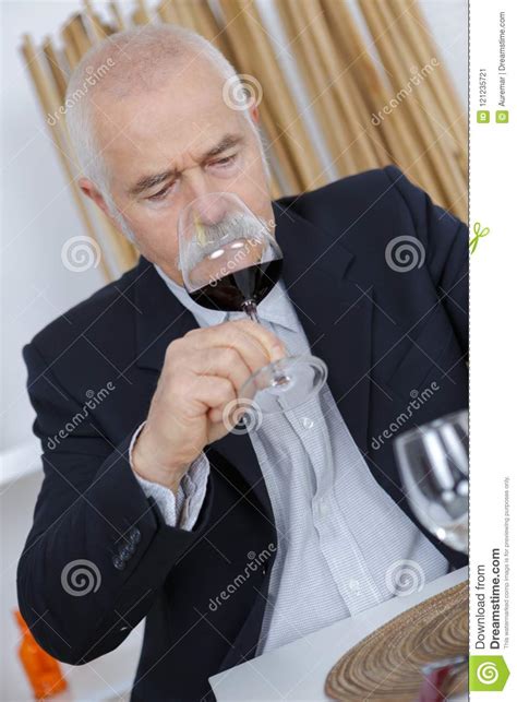 Older Man Smelling Red Wine Stock Image Image Of Analyze Beverage