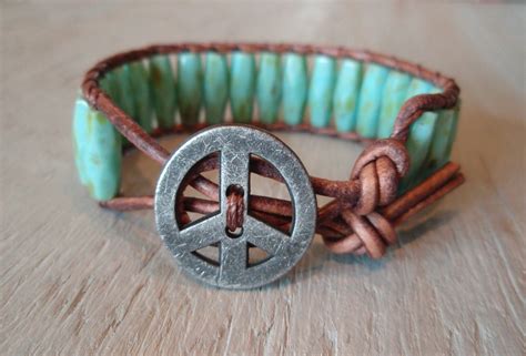 Turquoise Leather Wrap Bracelet PEACE Distressed Brown Leather Wrap