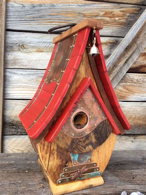 Unique Birdhouse Barnwood Red Teardrop Recycled Handmade Unique Bird