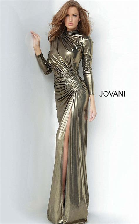 Metallic Long Sleeve Ruched Prom Dress Jovani Prom Metallic