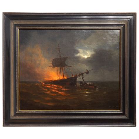 Burning Ship At Sea Oil Painting By George Lourens Kiers Dated 1868
