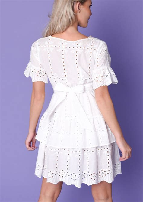 Frill Wrap Front Broderie Anglaise Mini Dress White Lily Lulu
