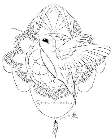 Mandala With Colibri Digital Outline With Paint Tool Sai And With