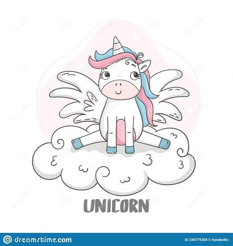 Unicorn Sitting On A Cloud Cute Cartoon Character Unicorn Graphic