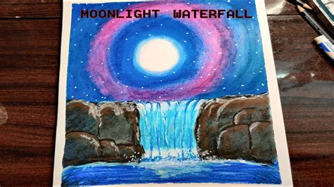 Moonlight Waterfall Scenery Drawing Beginners With Oil Pastels