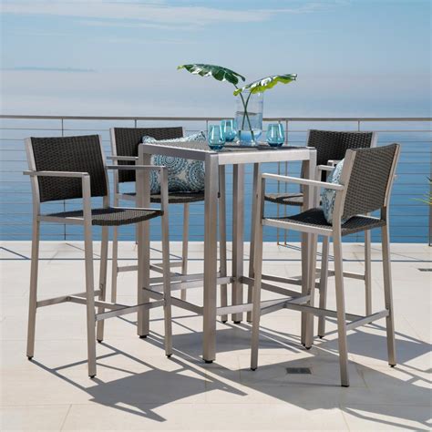 Noble House Gray 5 Piece Wicker Square Outdoor Bar Height Dining Set