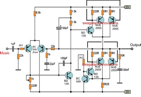 190w rms output stage amplifier circuit pcb printed circuit design darlington transistors are used tip142 tip147 very good original car where. Simple 20 watt Amplifier Circuit | Electronic Circuit Projects | Electronic circuit projects ...