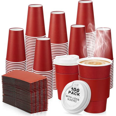 Tioncy 100 Set Christmas Disposable Coffee Cups With Lids And Sleeves