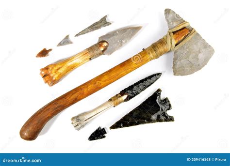 Stone Age Tools Isolated On White Background Stone Age Axe Knives