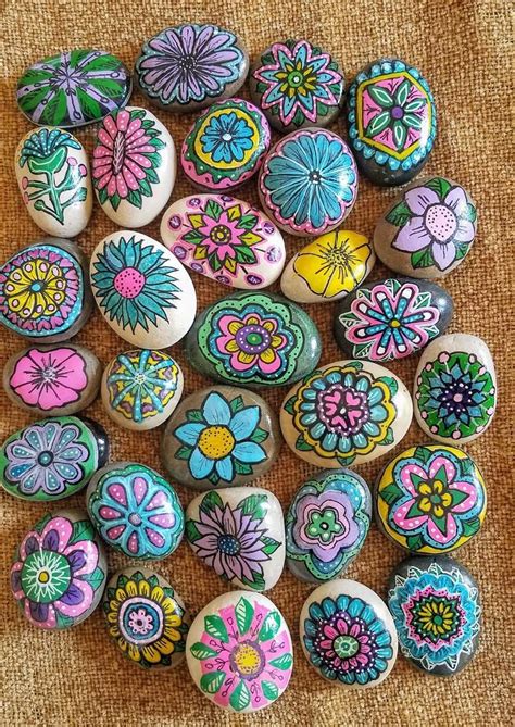 Assortment Of Painted Rocks Kindness Rocks Hand Painted Flower Themed