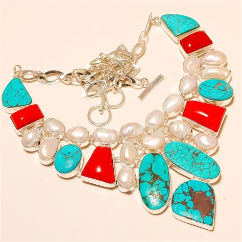 UNIQUE TIBETAN TURQUOISE WITH PEARL CORAL 925 SILVER HANDMADE