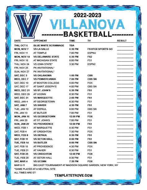 Duke Basketball Printable Schedule