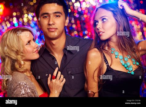 Image Of Happy Girls And Guy Clubbing Together At Party Stock Photo Alamy