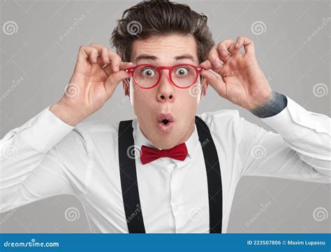 Funny Geek In Glasses Looking At Camera Stock Photo Image Of Excited