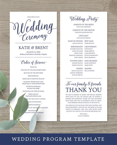 Wedding Program Template With Eucalyptus Leaves And Greenery On The Side In Blue Ink