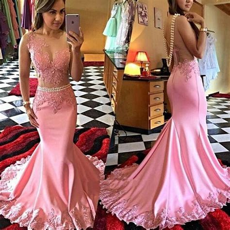 Sheer Beaded Lace Pink Prom Dress Sexy Girls Mermaid Prom Dresses