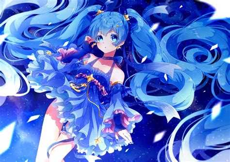 Blue Hair Blue Eyes Vocaloid Hatsune Miku Blue Dress Twintails