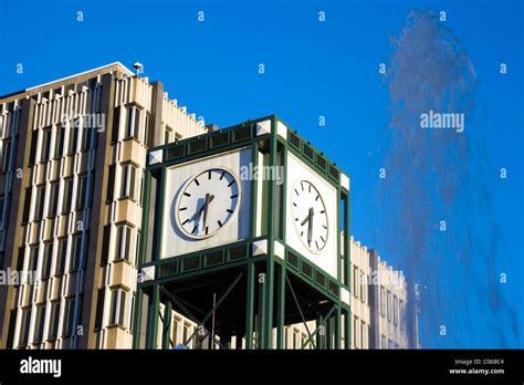 Administration Building Clock Tower And Fountain Stock Photo Alamy