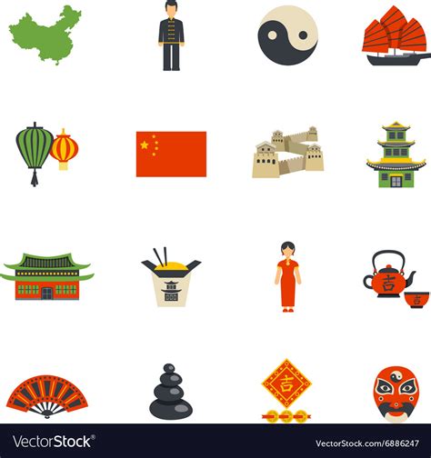 Chinese Culture Symbols Flat Icons Set Royalty Free Vector
