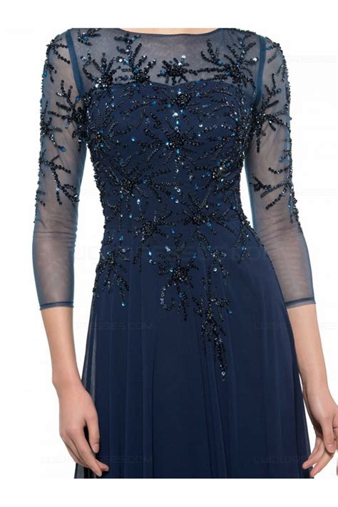 Long Navy Blue 34 Length Sleeves Beaded Chiffon Mother Of The Bride
