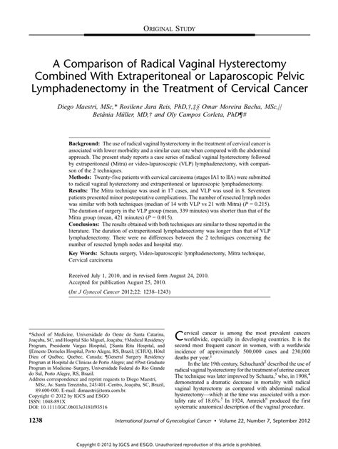 Pdf A Comparison Of Radical Vaginal Hysterectomy Combined With