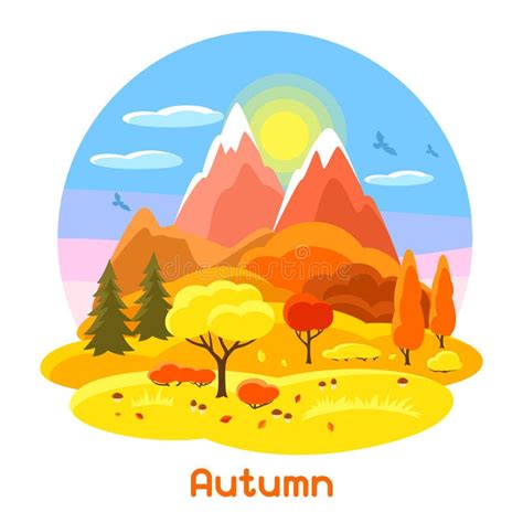 Autumn Landscape With Trees Mountains And Hills Seasonal Illustration
