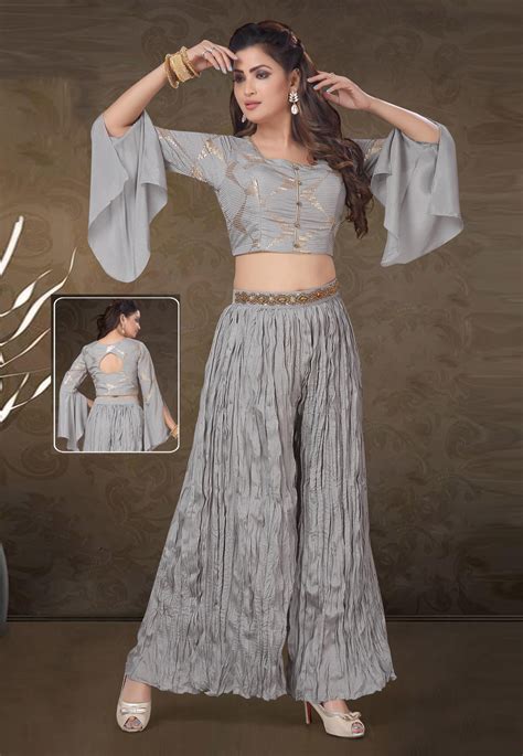 Buy Gray Cambric Cotton Readymade Palazzo Suit 193865 Online At Lowest