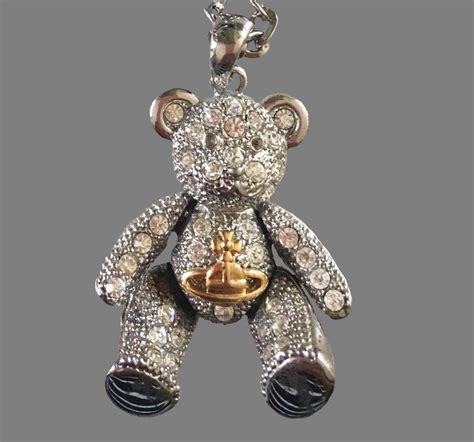 Teddy Bear Long Necklace Silver Tone Metal Swarovski Crystals