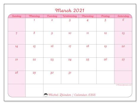 March 2021 Calendars “sunday Saturday” Michel Zbinden En Calendar