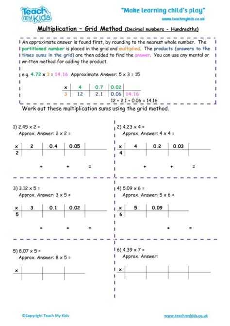 Multiplication Grid Method Decimal Numbers Hundredths Tmk Education