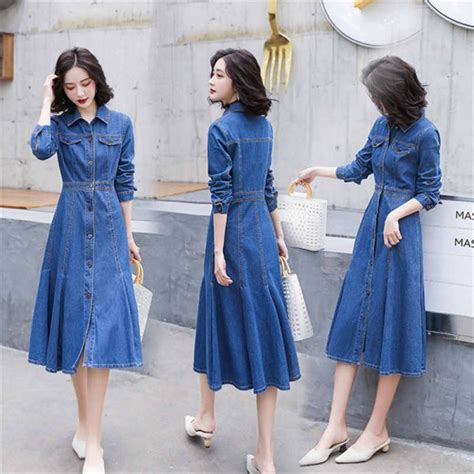 women blue denim dress mid length jeans dress for female korean fashion waist long sleeved