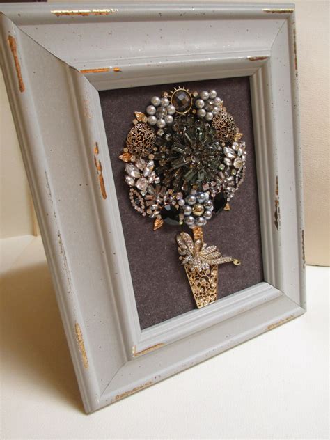 Jeweled Framed Jewelry Art Topiary Gray Gold Vintage Etsy