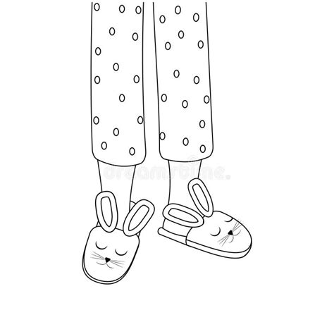 Legs Of Girls In Pajamas And Slippers Black Outline Isolated Vector