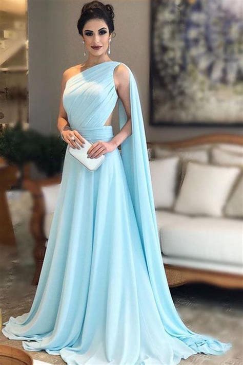 light blue one shoulder chiffon formal prom gown simple bridesmaid dr promfast