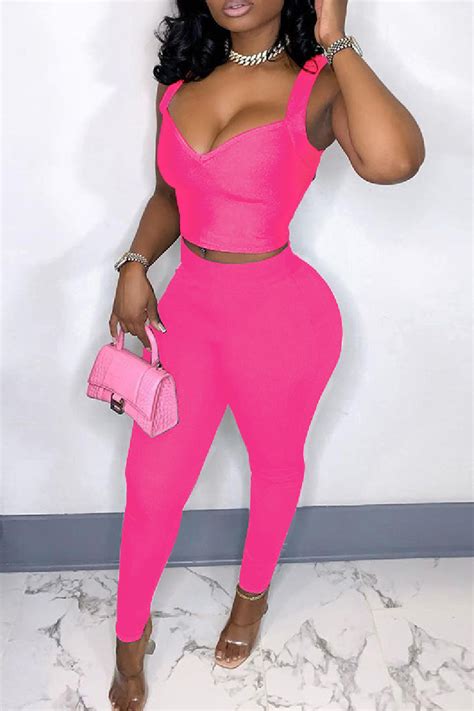 Pink Sexy Casual Solid Backless V Neck Sleeveless Two Piecestwo Pieces