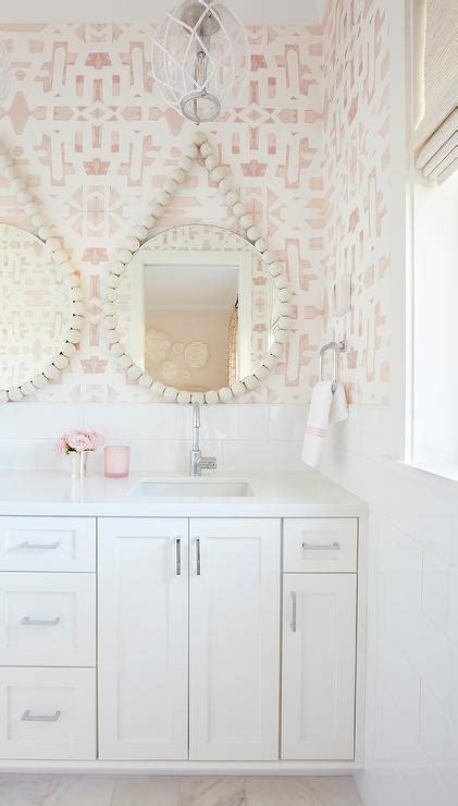 Girls Bathroom With Pink Trellis Wallpaper Transitional Bathroom