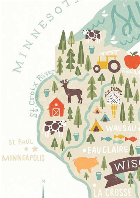 An Illustrated Map Of Wisconsin With Trees Animals And Other Things In