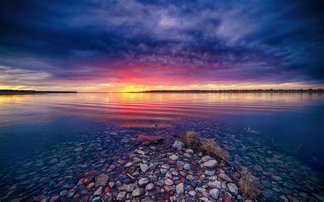 Nature Landscape Lake Sunrise Clouds Water Blue Yellow Pink