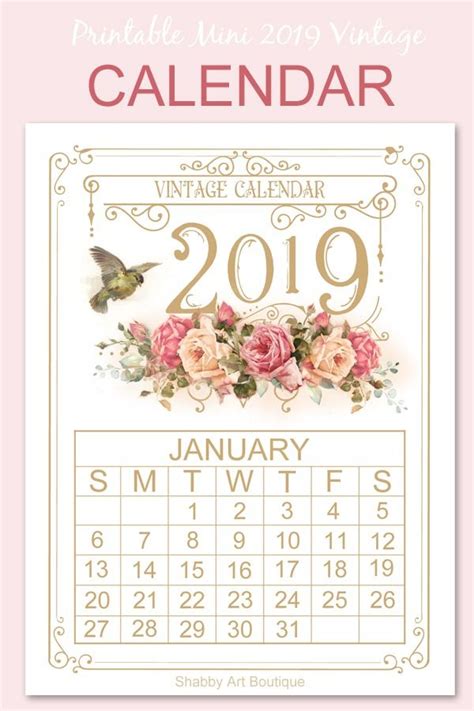 Printable Mini Vintage 2019 Calendar From Shabby Art Boutique Vintage