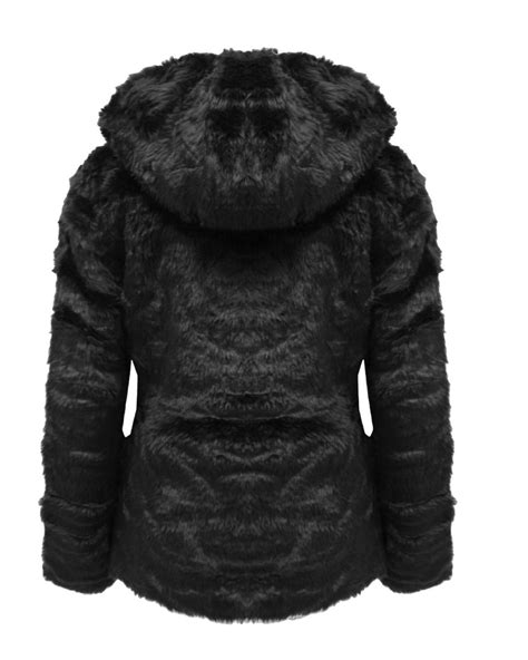 Ladies Womens Black Faux Fur Jacket Pom Pom Hooded Pocket Long Plain