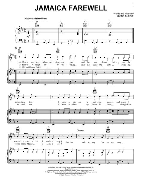 Jamaica Farewell Sheet Music Harry Belafonte Piano Vocal And Guitar